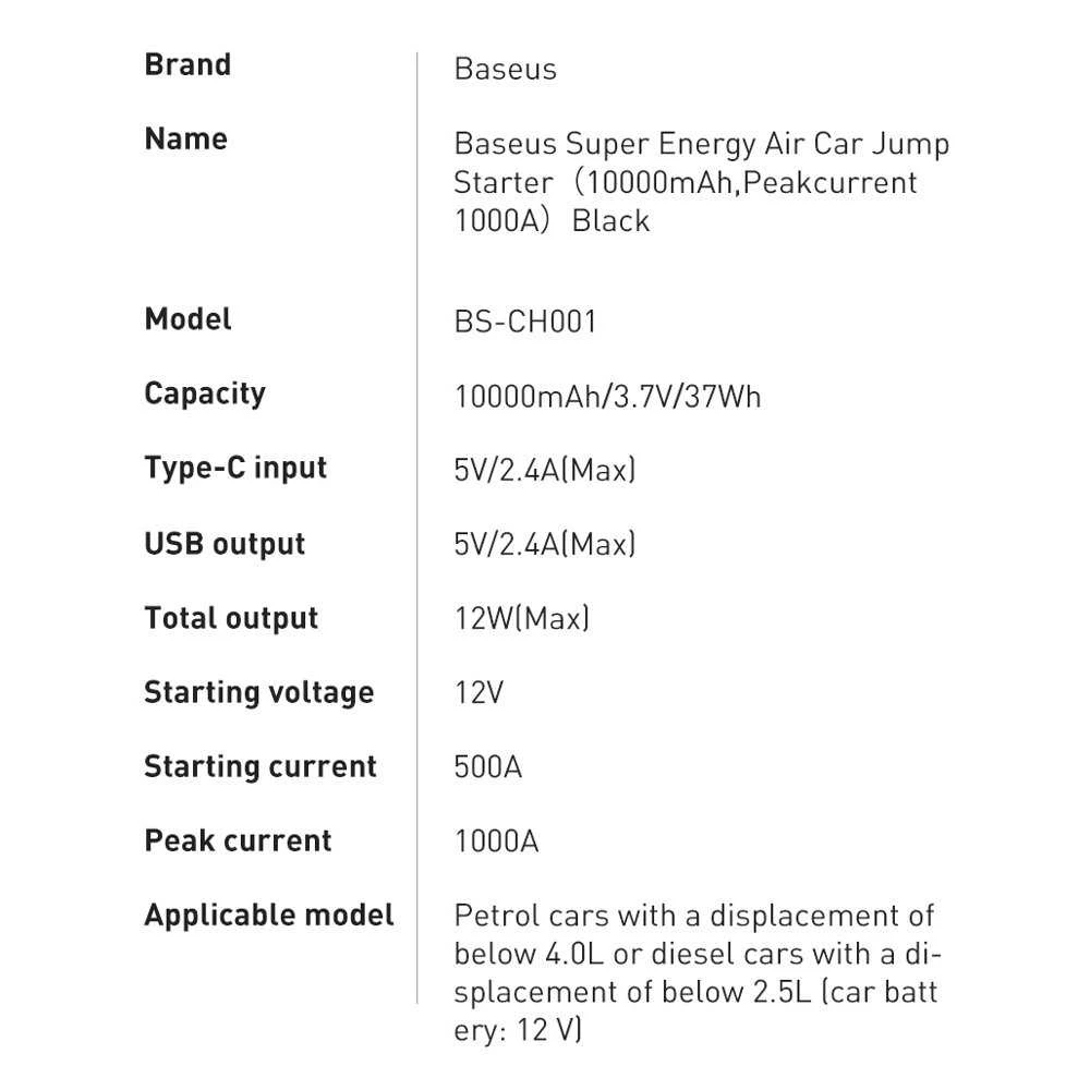 Mobilus energijos šaltinis Baseus Super Energy Air Car Jump Starter 1000A max CGNL020101