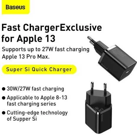 Baseus Sieninis įkroviklis Super Si 30W USB-C QC3.0 PD, juodas