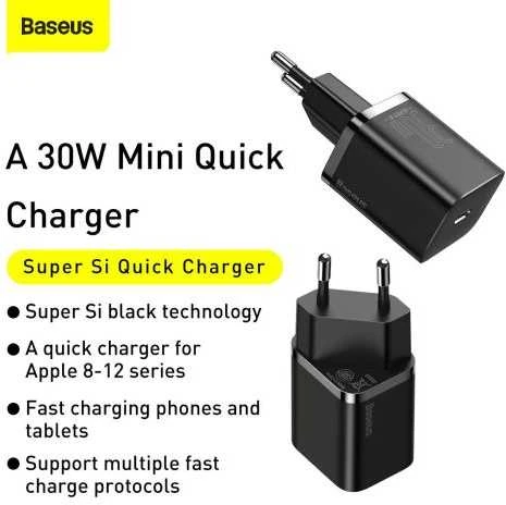 Baseus Sieninis įkroviklis Super Si 30W USB-C QC3.0 PD, juodas