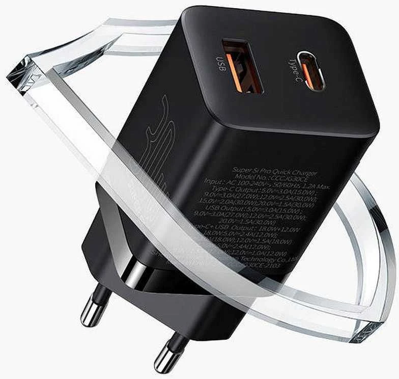 Baseus Super Si Pro įkroviklis USB + USB-C 30W - Juodas