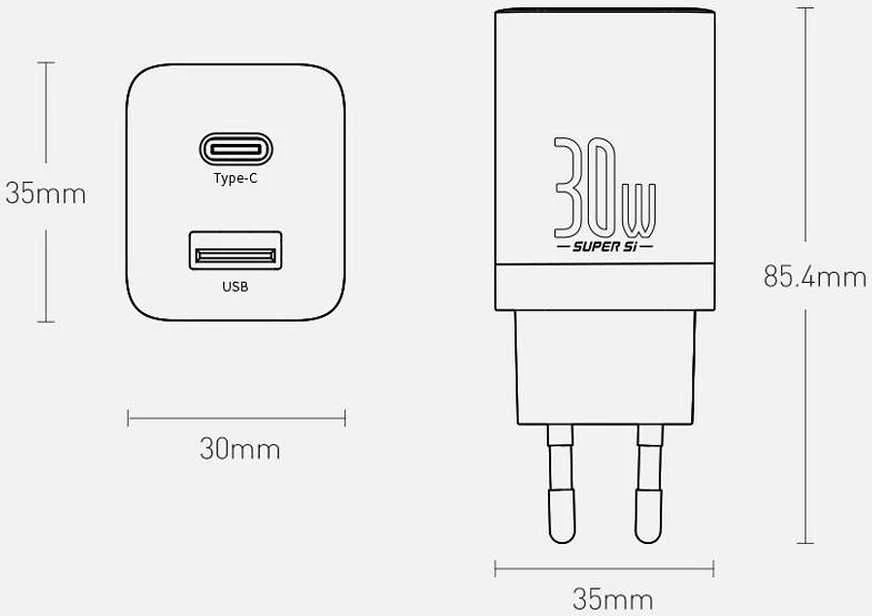 Baseus Super Si Pro įkroviklis USB + USB-C 30W - Juodas
