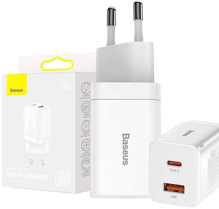 Baseus Super Si Pro įkroviklis USB + USB-C 30W - Baltas