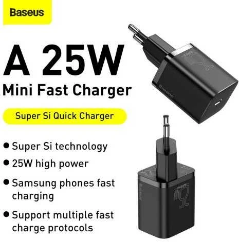Baseus kelioninis įkroviklis Super Si 1C greitasis įkroviklis 25W EU juodas (CCSP020101)