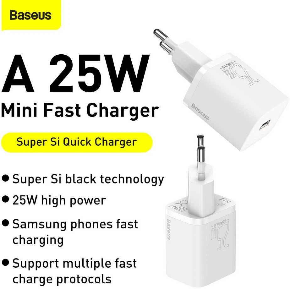 Baseus Super Si greitas įkroviklis 1C 25W su USB-C į USB-C kabeliu 1m - Baltas