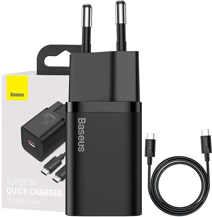Baseus Super Si greitas įkroviklis 1C 25W su USB-C - USB-C kabelis 1m - Juodas
