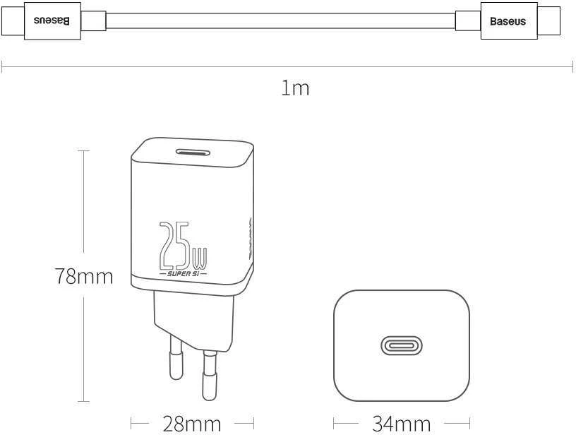 Baseus Super Si greitas įkroviklis 1C 25W su USB-C - USB-C kabelis 1m - Juodas