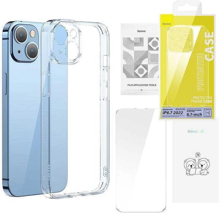 Baseus SuperCeramic permatomo stiklo dėklas ir grūdinto stiklo rinkinys, skirtas iPhone 14 Plus