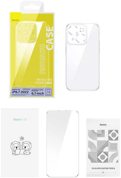 Baseus SuperCeramic permatomo stiklo dėklas ir grūdinto stiklo rinkinys, skirtas iPhone 14 Plus