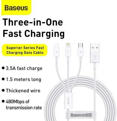 Kabelis Baseus Superior iš USB į microUSB+Lightning+Type-C 3.5A 1.5m baltas CAMLTYS-02