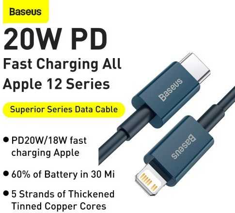 Baseus Superior serijos USB-C kabelis skirtas iPhone 20W PD 2m - Mėlynas