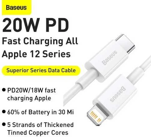 USB kabelis Baseus Superior iš Type-C į Lightning PD 20W 1.0m baltas CATLYS-A02