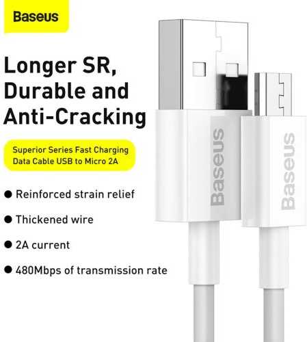 Kabelis USB A - micro USB kištukas 1.0m 2A baltas Superior serija BASEUS