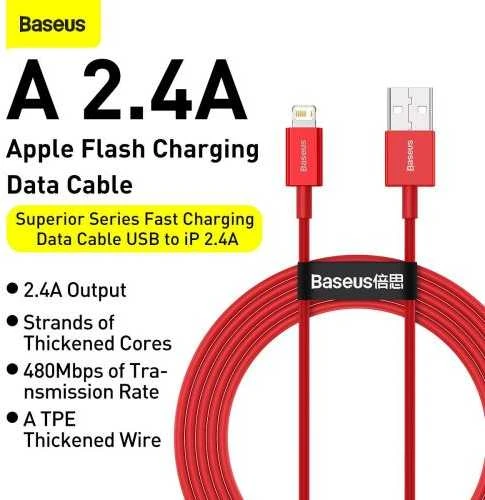 Baseus Superior serijos USB į iPhone laidas, 2.4A, 1m - raudonas