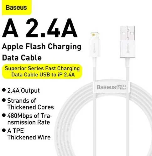 USB kabelis Baseus Superior iš USB į Lightning 2.4A 1.5m baltas CALYS-B02
