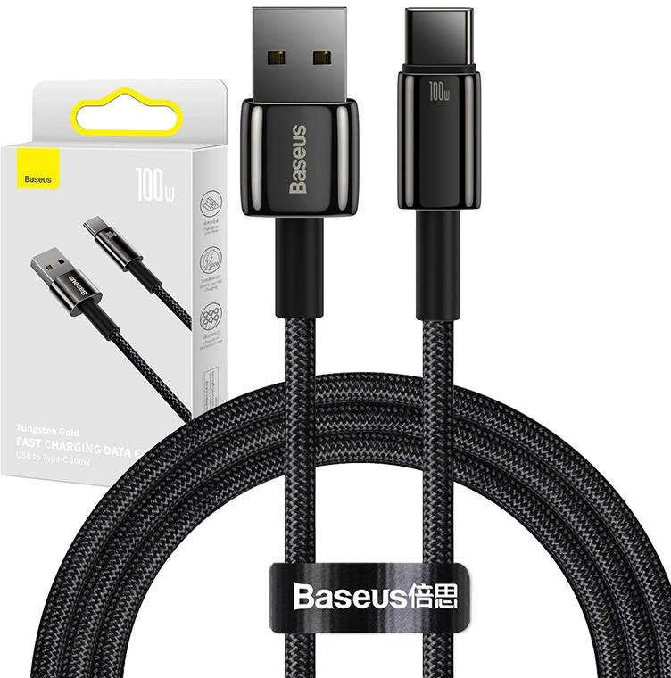 Baseus volframo auksinis kabelis USB prie USB-C, 100 W, 1 m (juodas)