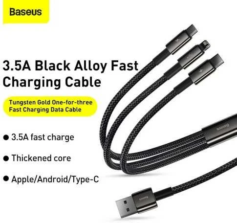 USB kabelis 3in1 Baseus Tungsten Gold USB micro USB / USB-C / Lightning 3.5A 1.5m - Juodas