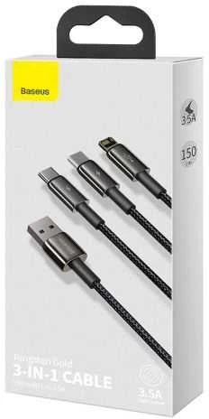 USB kabelis 3in1 Baseus Tungsten Gold USB micro USB / USB-C / Lightning 3.5A 1.5m - Juodas