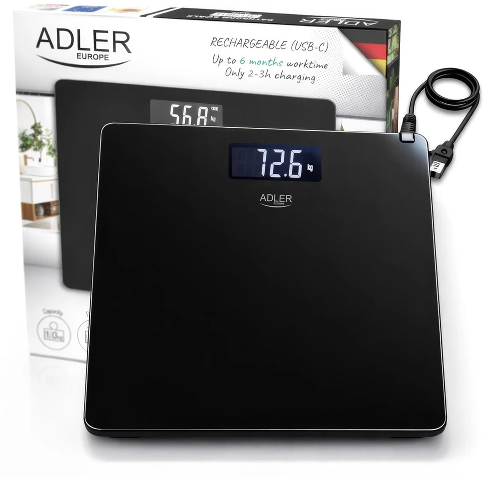 Svarstyklės Bathroom scale ADLER AD 8194b rechargeable USB-C Juodas