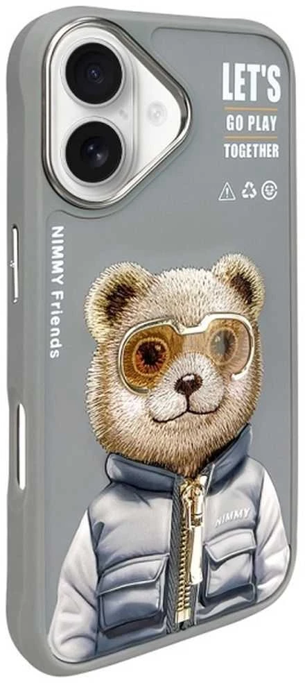 Nimmy dėklas Apple iPhone 16 6.1″ pilkos spalvos Cool&Cute 2.0 Bear