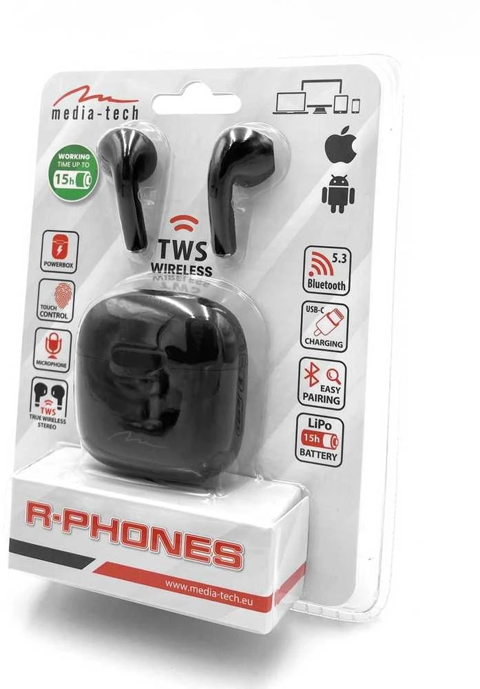 Media-Tech belaidės ausinės R-PHONES MT3589K TWS, Bluetooth, juodos