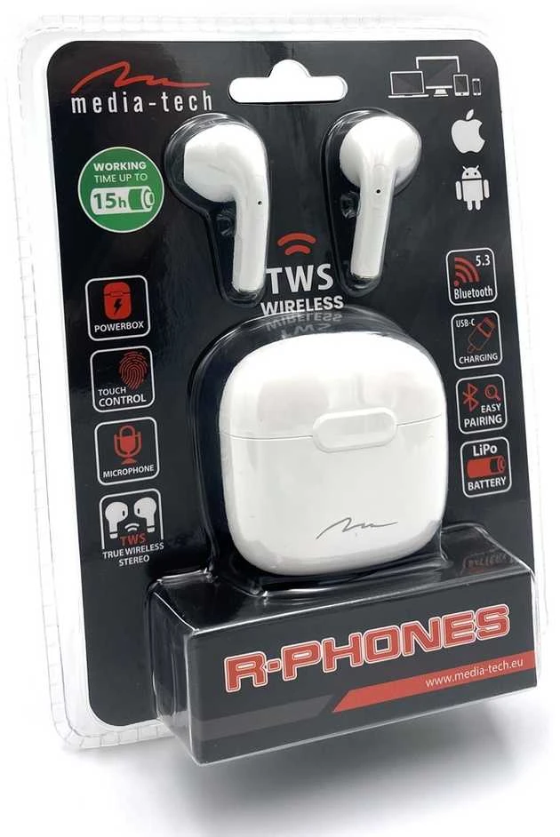 Media-Tech belaidės ausinės R-PHONES MT3589W TWS, Bluetooth, baltos
