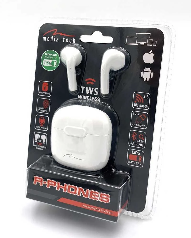 Media-Tech belaidės ausinės R-PHONES MT3589W TWS, Bluetooth, baltos