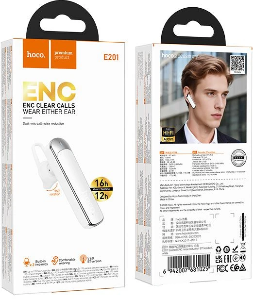 Belaidės mono ausinės (ENC, BT 6.0, 130mah) Hoco E201 baltas
