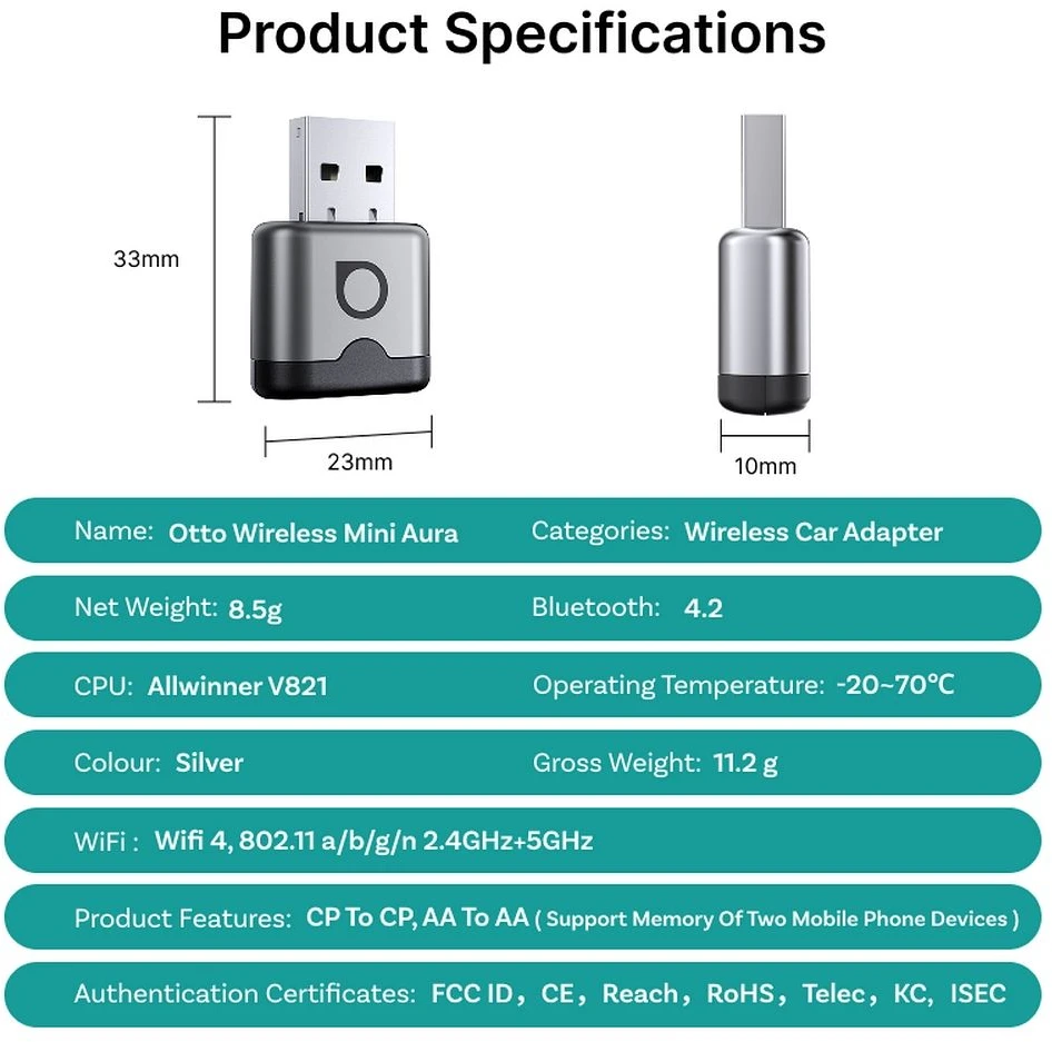 Belaidis automobilinis adapteris OTTOCAST CA530-T Mini Aura 2026