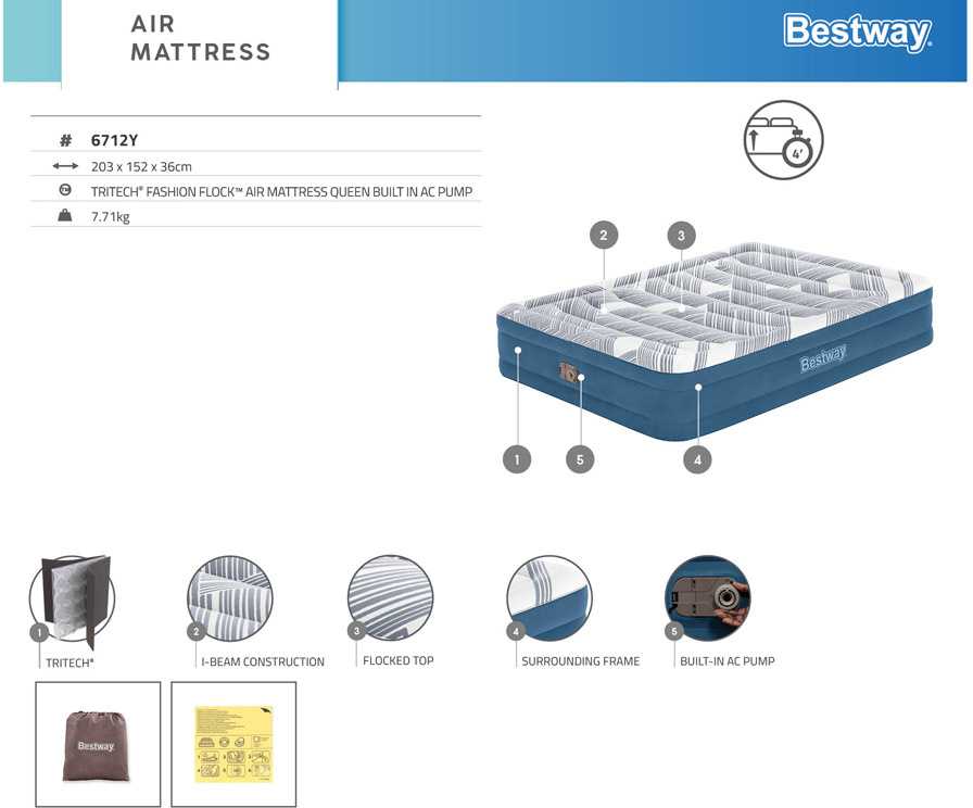„Bestway 2“ asmens patogus karalienės čiužinys 203x152x36cm įmontuotas siurblys 6712y