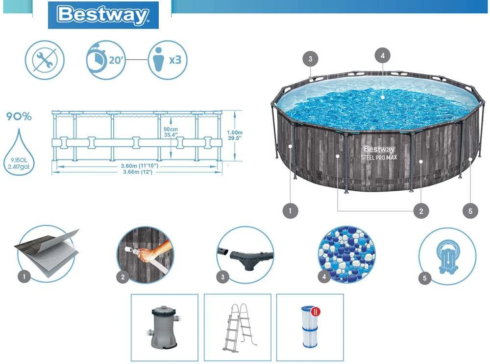 Rėminis baseinas 12FT 366x100 cm Plieninis Pro Max BESTWAY
