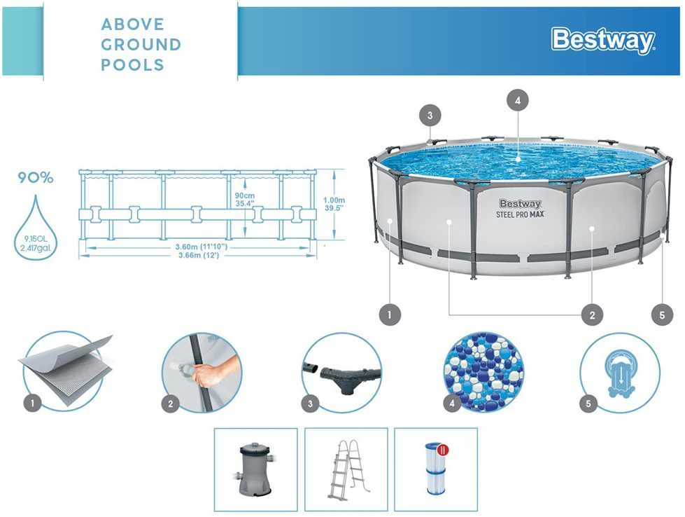„BestWay Pool Steel Pro MAX“ baseino komplektas, apvalus, 366 x 100 cm