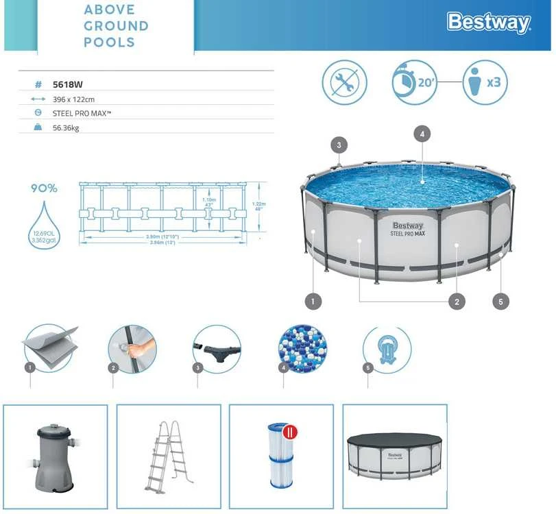 Rėminis baseinas 13 FT 396 x 122 cm plieno Pro Max BESTWAY