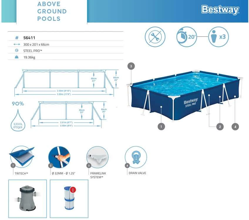 Baseinas karkasinis Bestway Steel Pro 56411, mėlynas, 3300 l