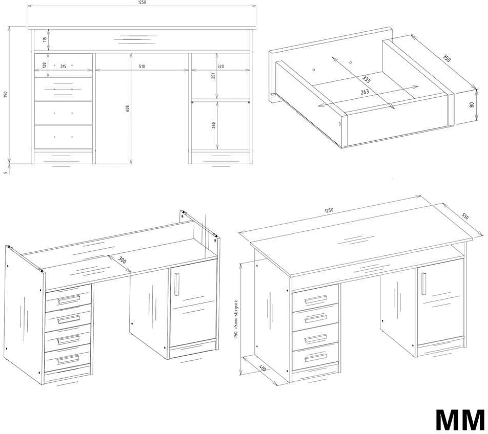 Top E Shop Topeshop ADA DESK Ąžuolo ARTISAN 125 cm 4 stalčiai Spintelės lentynos biuro kambariui Na Nešiojamas kompiuteris