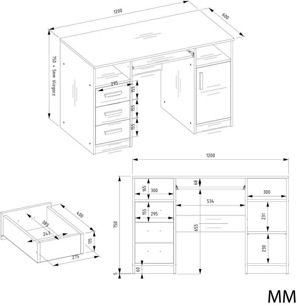 Top E Shop Topeshop BIURKO DELTA ANTRACYT / Baltas 120 Cm 3 Szuflady Szafka Półki Do Biura Pokoju Na Nešiojamas kompiuteris