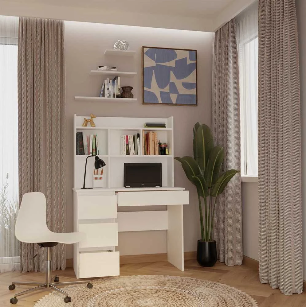 Top E Shop Topeshop MIJAS kairinis rašomasis stalas su prailginimu, matinės baltos spalvos, 4 stalčiai, 4 lentynos, biurui