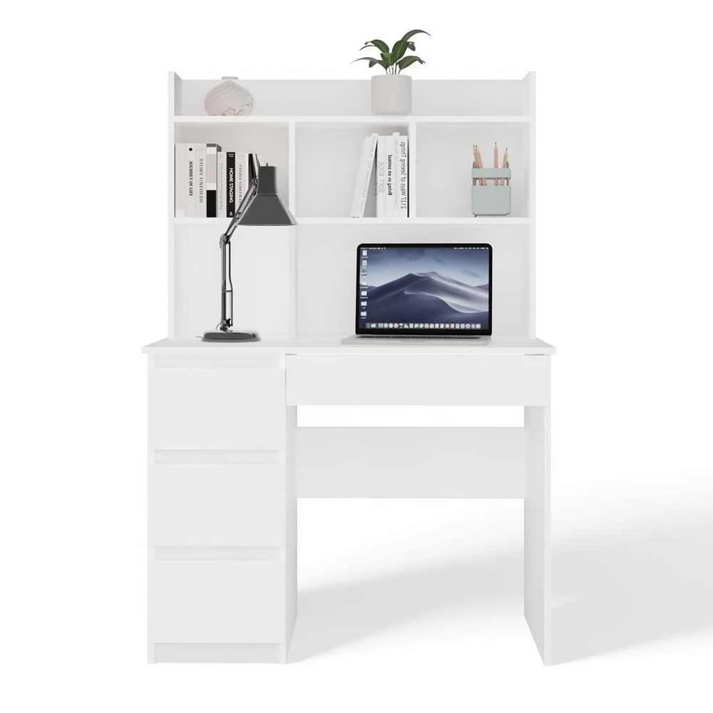 Top E Shop Topeshop MIJAS kairinis rašomasis stalas su prailginimu, matinės baltos spalvos, 4 stalčiai, 4 lentynos, biurui