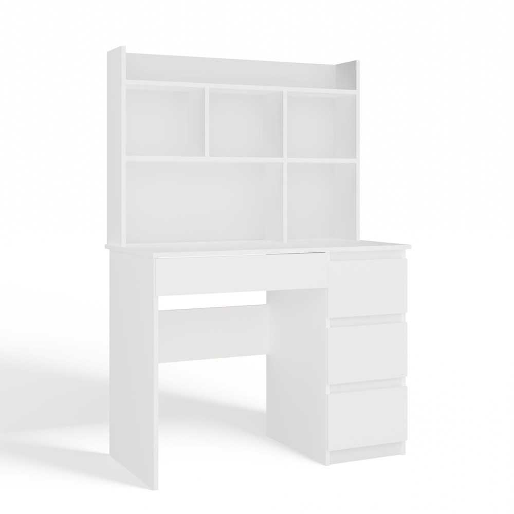 Top E Shop „Topeshop MIJAS“ rašomasis stalas, dešinysis, su prailginimu, matinės baltos spalvos, 4 stalčiai, 4 lentynos, biurui