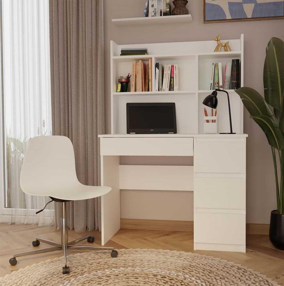 Top E Shop „Topeshop MIJAS“ rašomasis stalas, dešinysis, su prailginimu, matinės baltos spalvos, 4 stalčiai, 4 lentynos, biurui