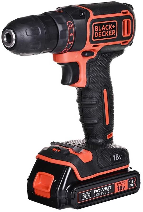 Akumuliatorinis gręžtuvas-suktuvas Black & Decker BDCDC18BAFC + 2x1.5Ah + antgalių rinkinys