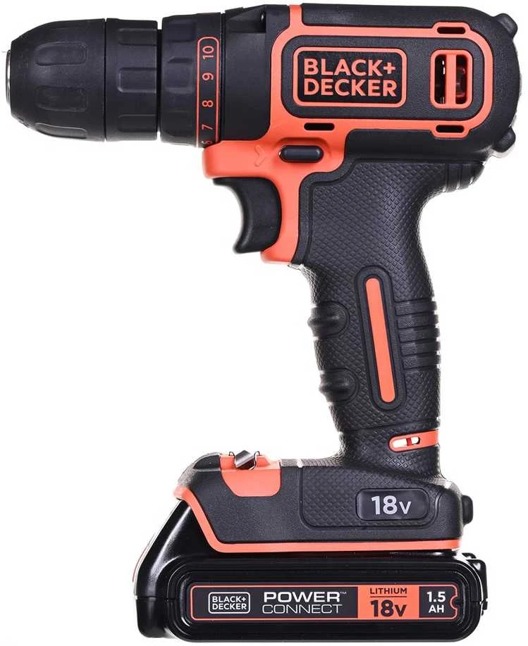 Akumuliatorinis gręžtuvas-suktuvas Black & Decker BDCDC18BAFC + 2x1.5Ah + antgalių rinkinys