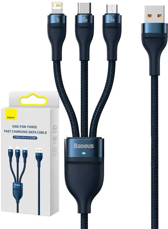 Baseus Flash Series 3in1 USB laidas USB-C + micro USB + Lightning 100W 1.2m - Mėlynas