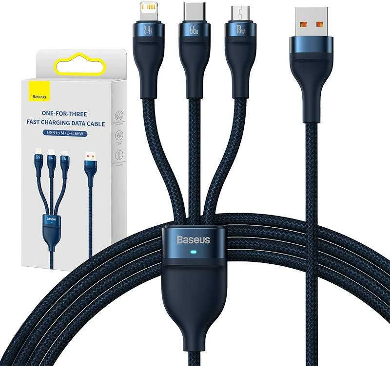 Baseus Flash 3 su 1-ben USB įkrovikliu, USB-C + Micro USB + Lightning 66 W, 1.2 m (kek)