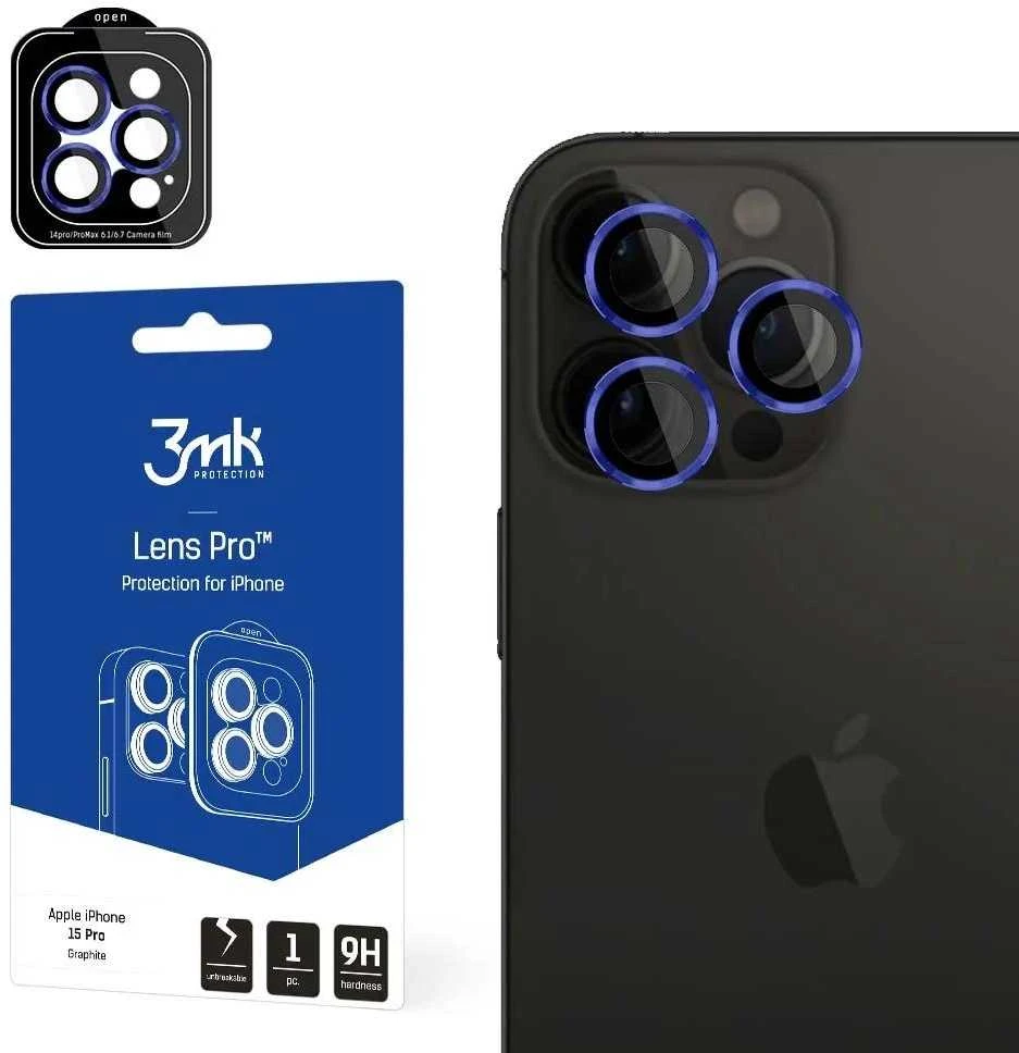 Apsauginis stiklas telefono kamerai Apple iPhone 15 Pro Max 3MK Lens Protection Pro mėlynos spalvos
