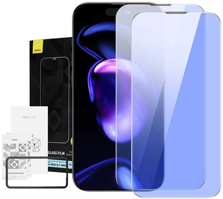 Baseus Crystal Tempered Glass Anti-mėlyna šviesa ir dulkėms atsparus 0.3 mm, skirtas iPhone 14 Pro Max (2 vnt)