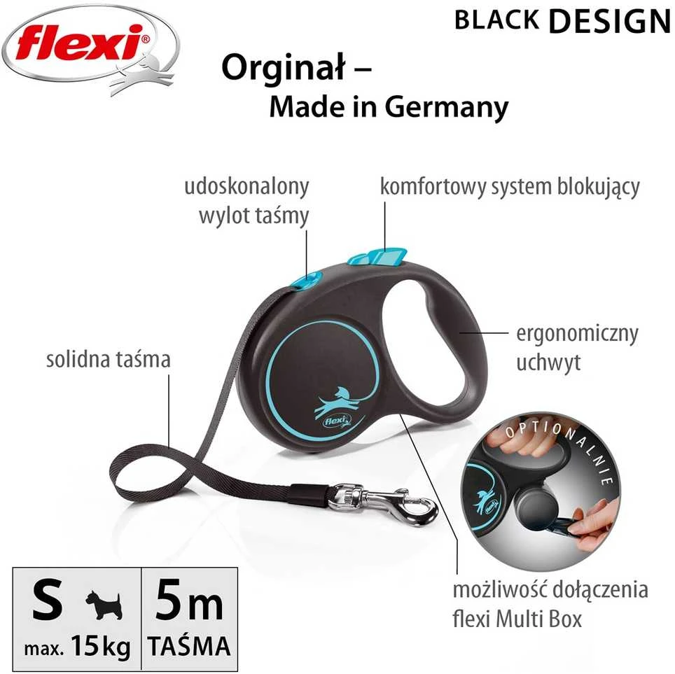 Flexi Black Design S pavadėlis šunims iki 15kg juostinis 5m mėlynos spalvos
