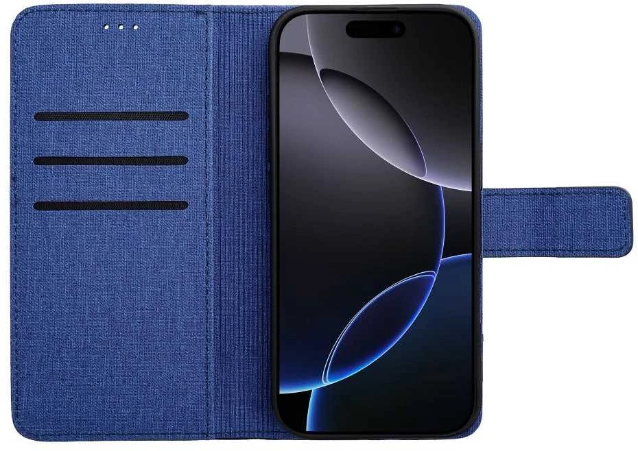 OEM atverčiamas dėklas iPhone 16e (SE 4 2025) Gomma Book mėlynas