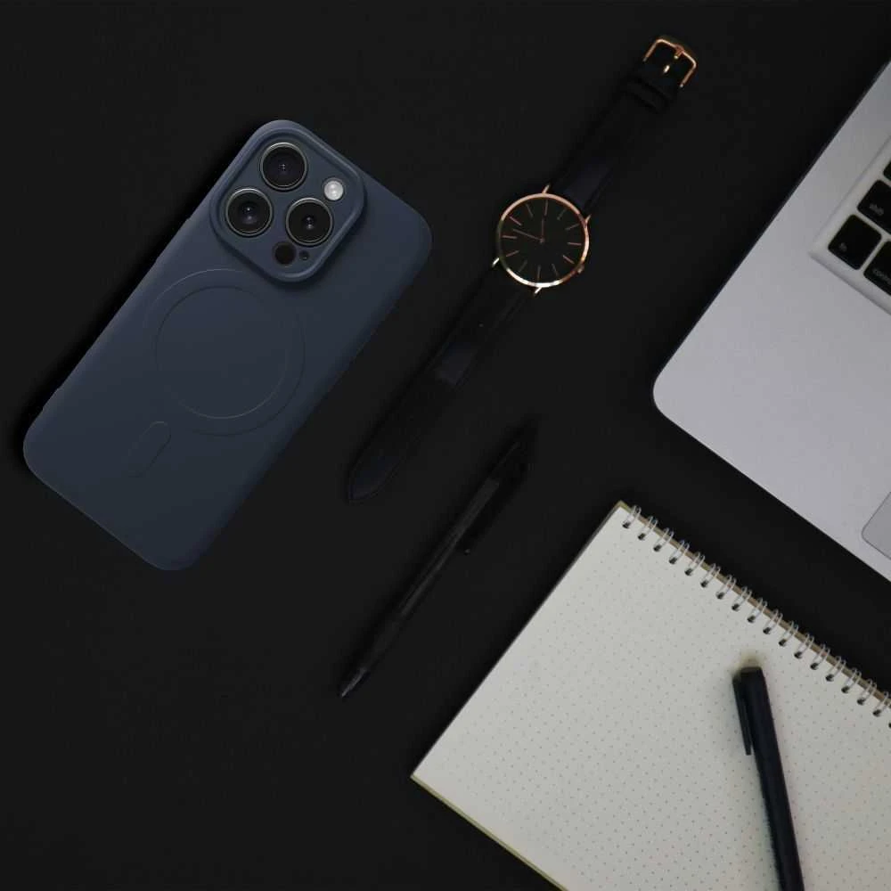 OEM dėklas, skirtas „iPhone 15 PRO“ silikoniniam „Mag“ dėklui, suderinamas su „MagSafe“ (fotoaparato apsauga), titano spalvos, mėlynas
