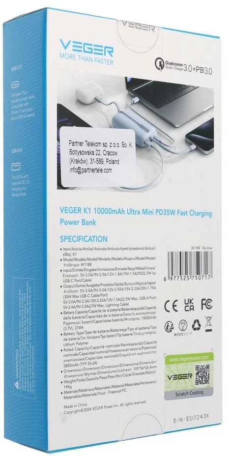 Nešiojamoji baterija Veger K1 (W1188) PD QC3.0 35W 10000 mAh su integruotu USB-C laidu / Lightning mėlynas