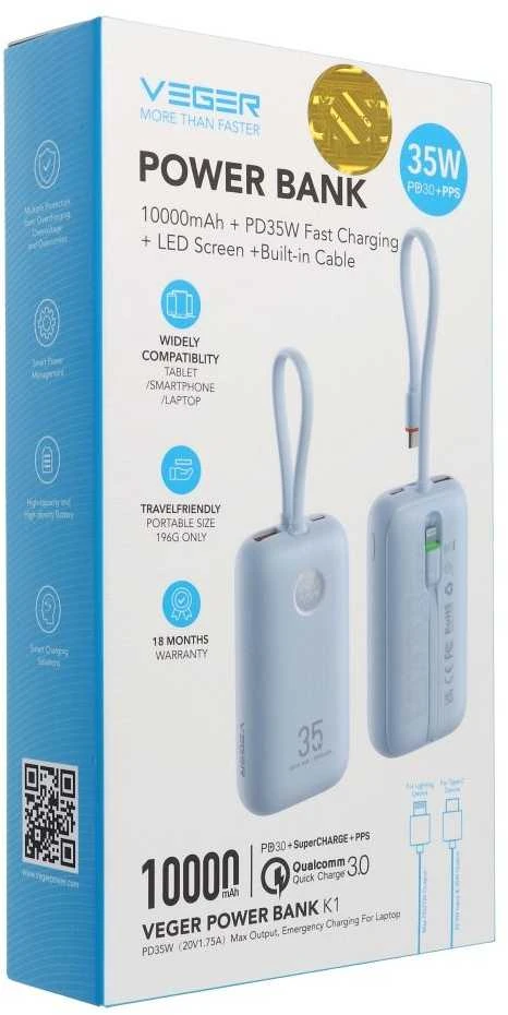 Nešiojamoji baterija Veger K1 (W1188) PD QC3.0 35W 10000 mAh su integruotu USB-C laidu / Lightning mėlynas